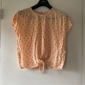 Melrose And Market Tie Front Blouse Pink Curling Floral Cap Sleeve - Size Small